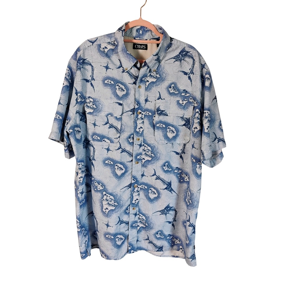 CHAPS Men's Marlin Fish Hawaiian Island Camp Shirt XLT Blue Button Up‎